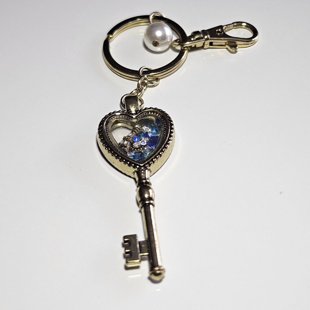Gold Tone Heart Key Keychain With Eiffel Tower Charm Rhinestones
